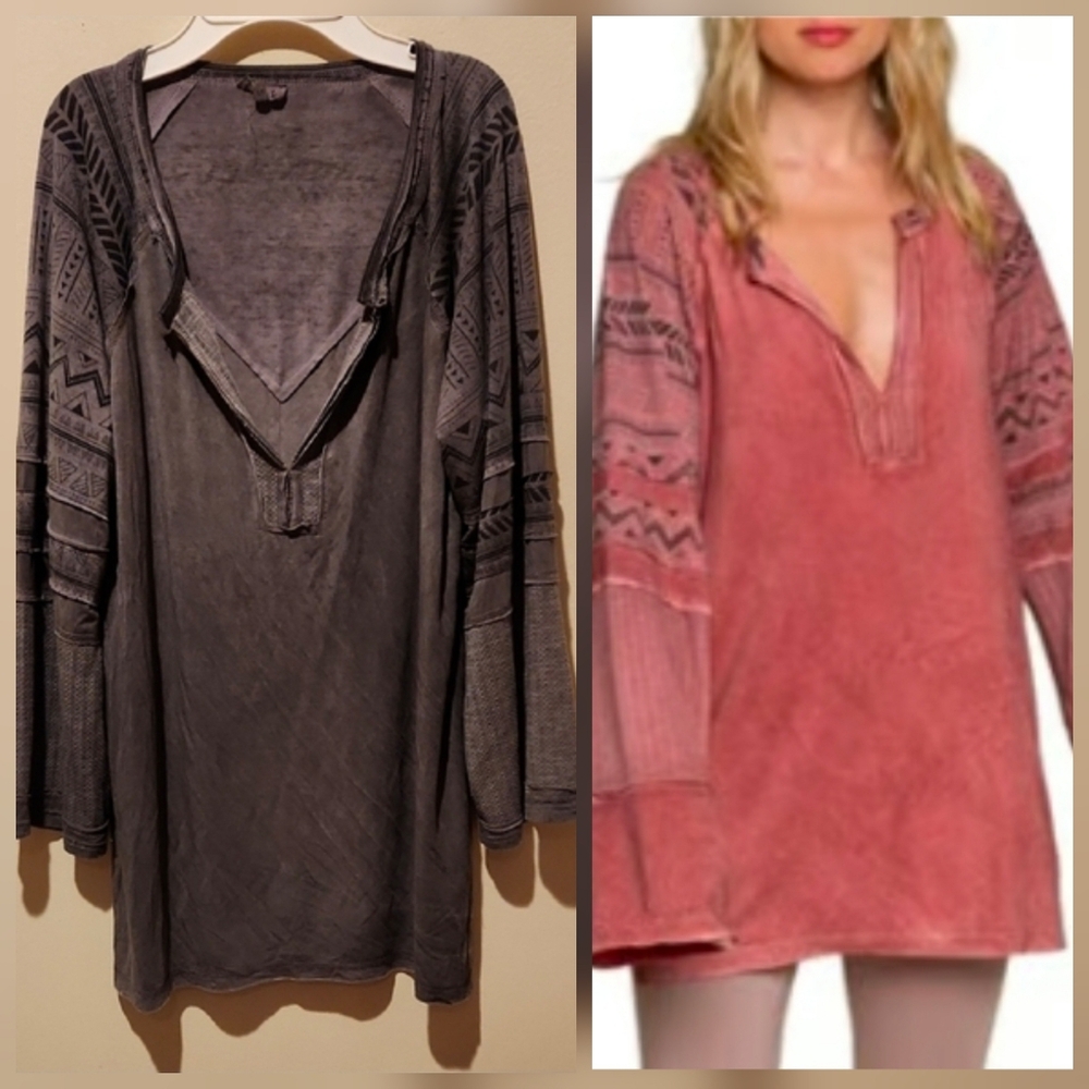 ❤️ POL SPLIT NECK OVERSIZED AZTEC JERSEY TUNIC TOP, CHARCOAL GRAY, SMALL